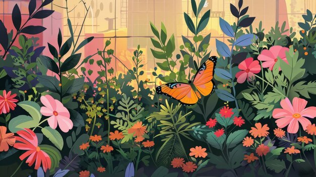 Pintura de mariposas en un jardín exuberante