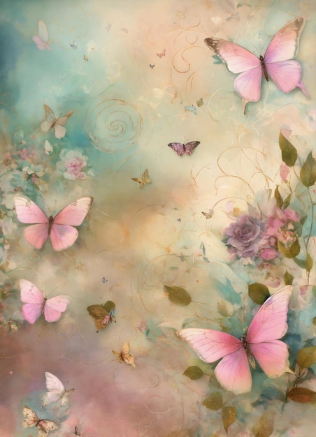 una pintura de mariposas con mariposas en el fondo