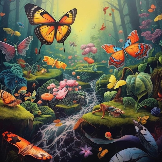 Una pintura de mariposas y plantas con una mariposa en la parte inferior
