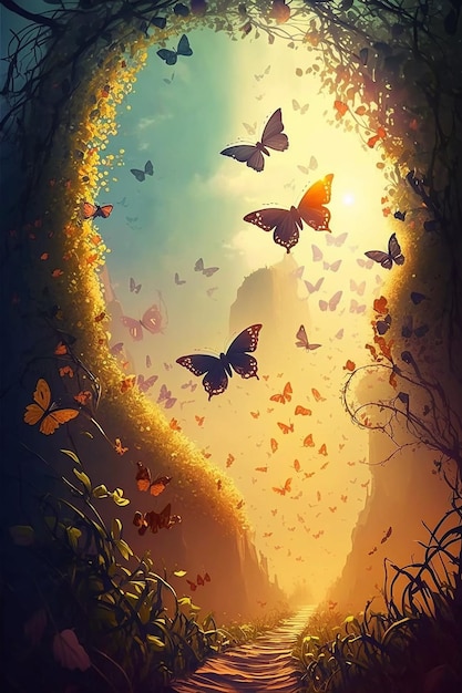 Una pintura de mariposas volando a través de un túnel con un cielo amarillo y un sol de fondo.