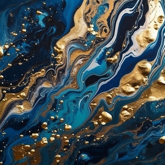 Una pintura de mármol azul y dorado con pintura dorada.