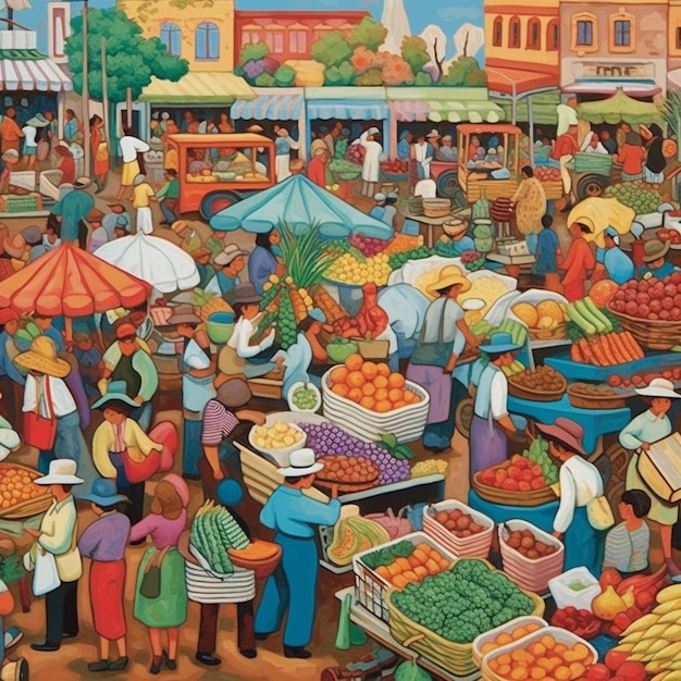 Pintura de un mercado con gente y frutas y verduras ai generativo.