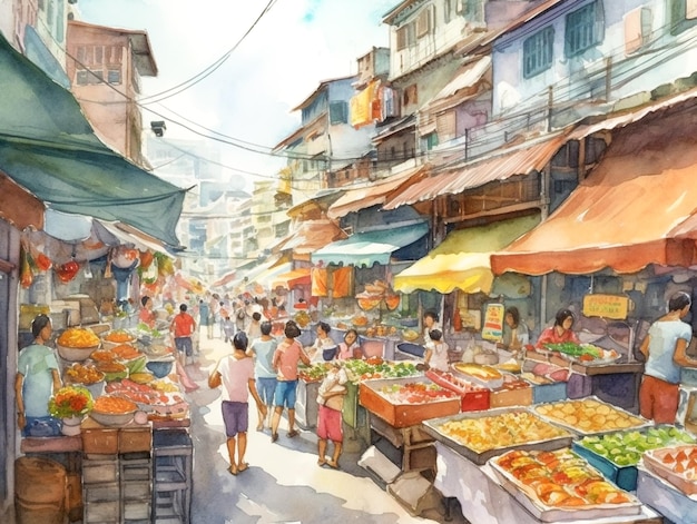 Una pintura de un mercado con mucha gente.