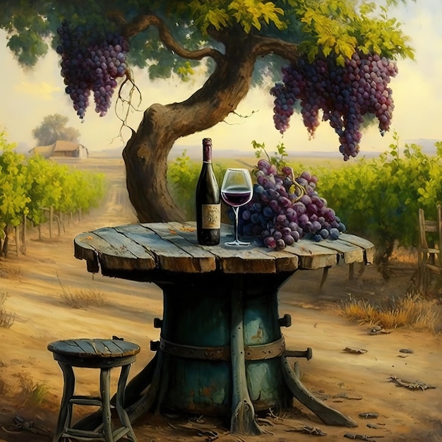 Una pintura de una mesa con una botella de vino encima.
