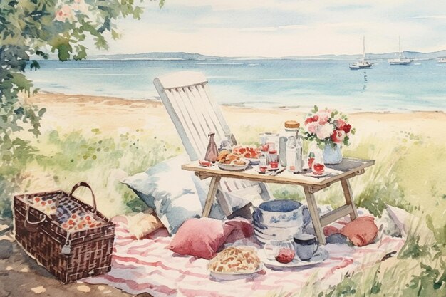Pintura de una mesa de picnic con una cesta de frutas y una cesta de flores