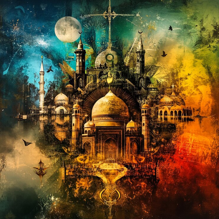 una pintura de una mezquita con una cruz en la parte superior