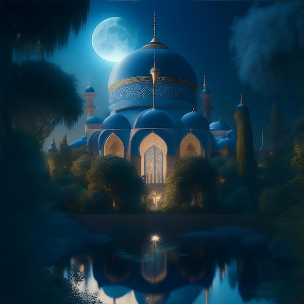 Una pintura de una mezquita con la luna al fondo.