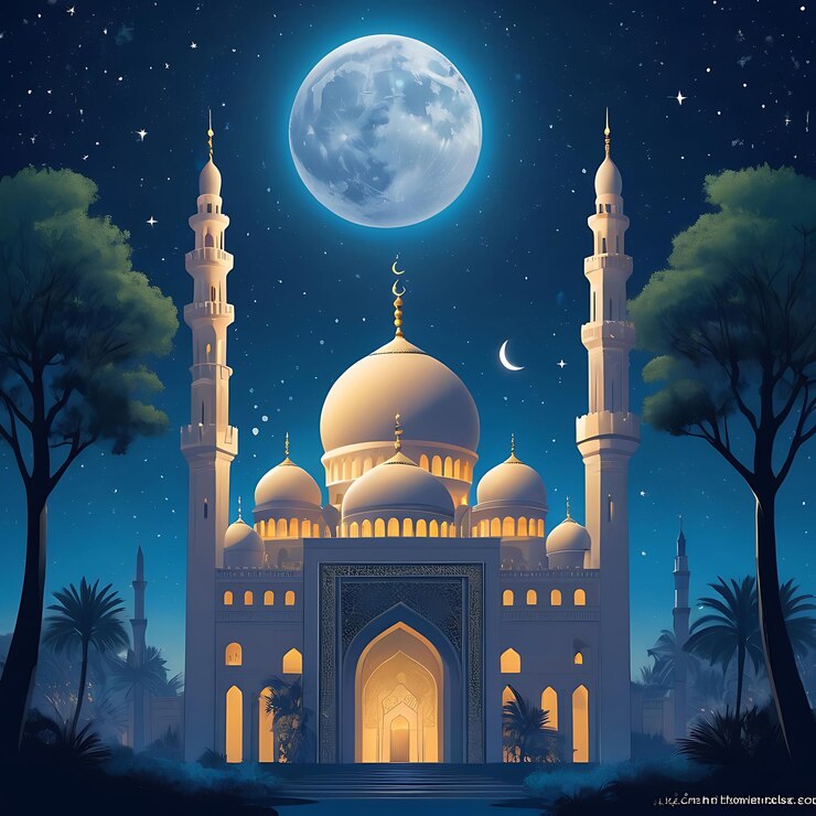 una pintura de una mezquita con la luna y los árboles en el fondo
