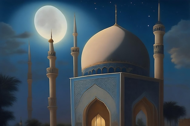 Una pintura de una mezquita con una luna creciente en el fondo generada por ai