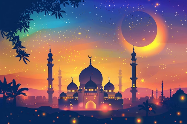 una pintura de una mezquita con la luna y las estrellas en el cielo