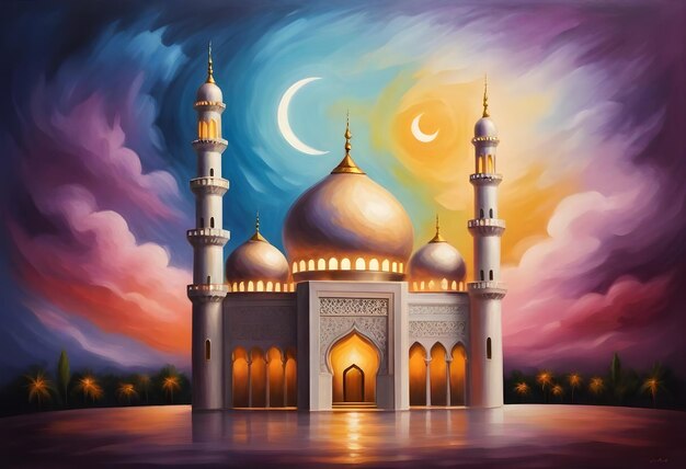 una pintura de una mezquita con una luna y la luna en el fondo