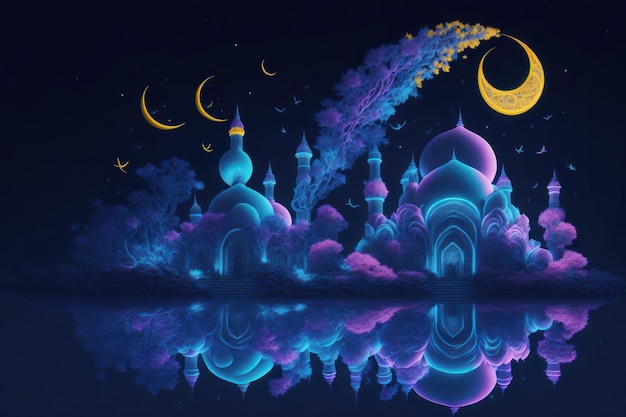 Una pintura de una mezquita con la luna y la luna.