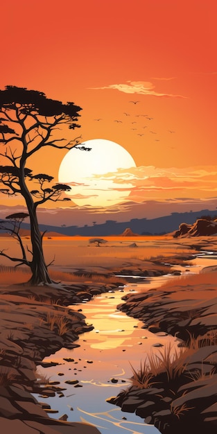 Pintura minimalista de paisagem africana ao lado do rio ao pôr-do-sol