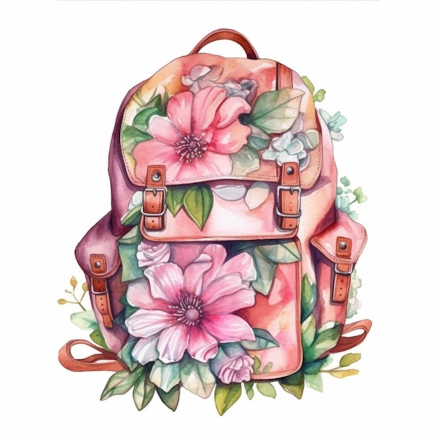 Una pintura de una mochila rosa con flores y hojas ai generativo.