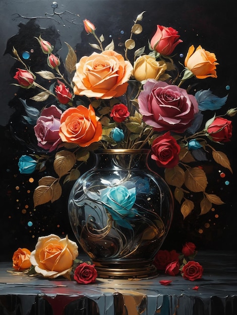 Pintura moderna en acrílico de un jarrón de rosas