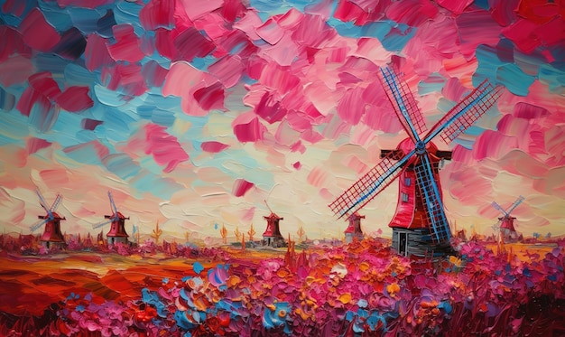 Una pintura de un molino de viento en un campo de flores rosas.