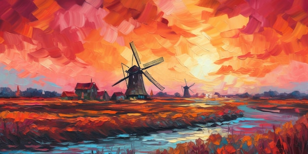 Una pintura de un molino de viento en holanda