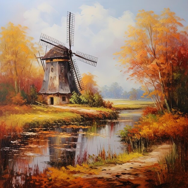 Foto una pintura de un molino de viento junto a un río con hojas de otoño