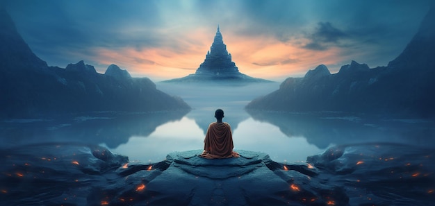 Una pintura de un monje meditando frente a una montaña.