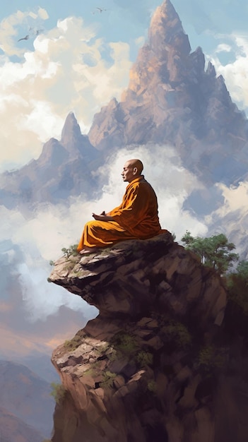 Una pintura de un monje sentado en un acantilado