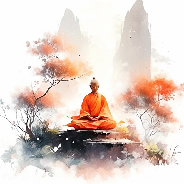 Foto pintura de un monje sentado en posición de meditación frente a una montaña generativa ai