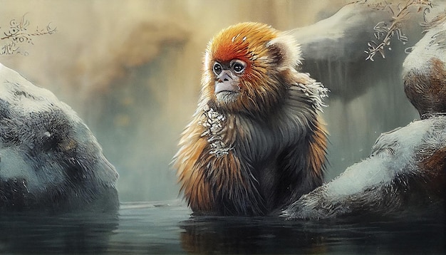 Una pintura de un mono en un estanque