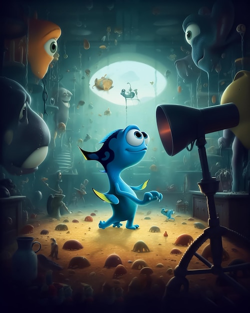 Una pintura de un monstruo azul con un pez.