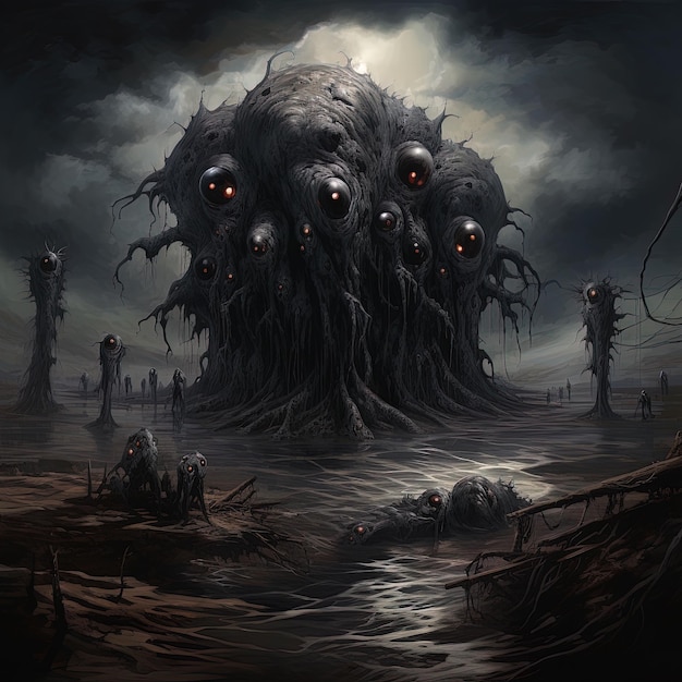 Una pintura de un monstruo con un fondo oscuro.