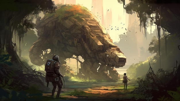 Una pintura de un monstruo gigante en el bosque.