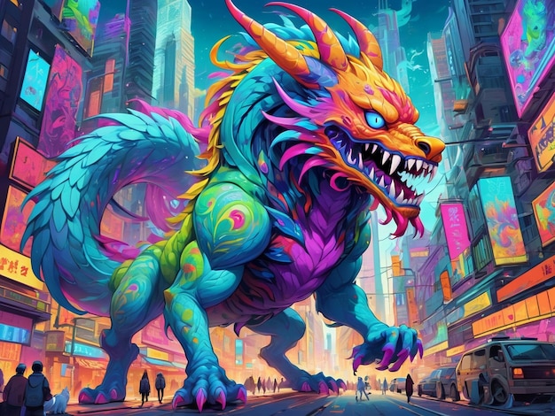 una pintura de un monstruo en el medio de una ciudad hiperbestia diseño alebrijes estética