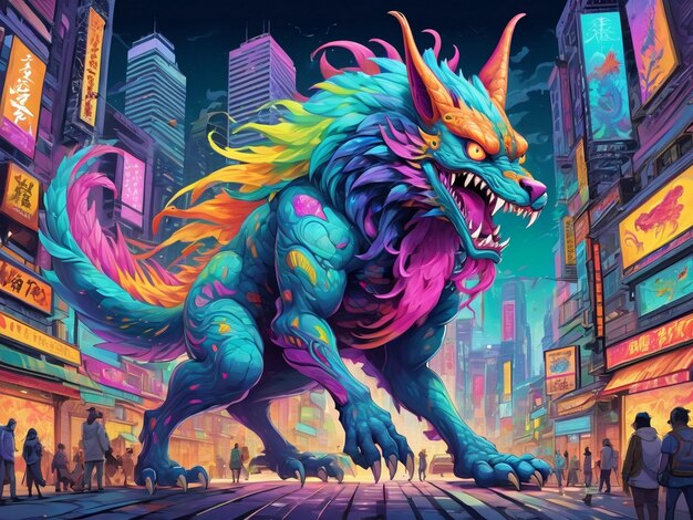 una pintura de un monstruo en el medio de una ciudad hiperbestia diseño alebrijes estética