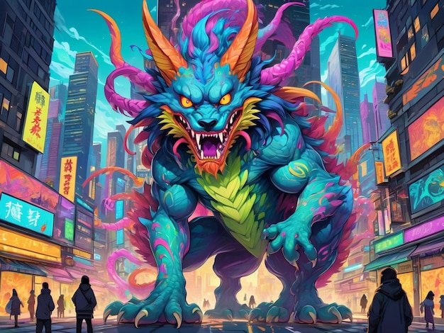 una pintura de un monstruo en el medio de una ciudad hiperbestia diseño alebrijes estética