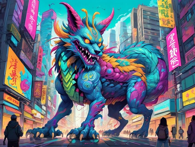 una pintura de un monstruo en el medio de una ciudad hiperbestia diseño alebrijes estética