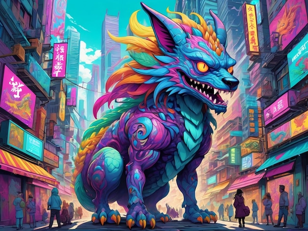 una pintura de un monstruo en el medio de una ciudad hiperbestia diseño alebrijes estética