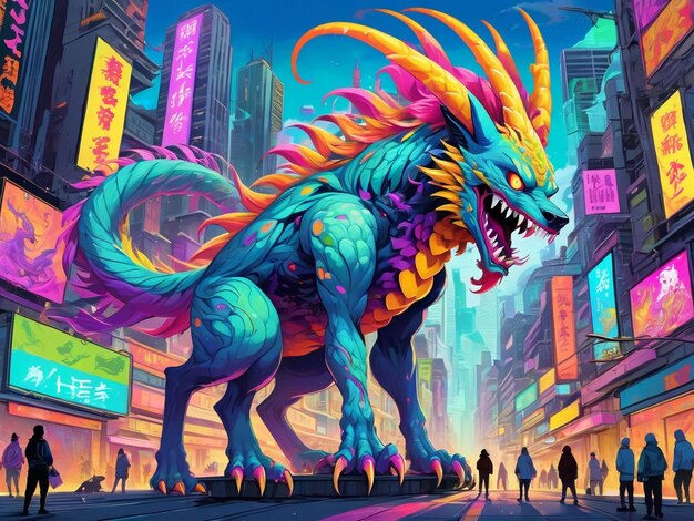 una pintura de un monstruo en el medio de una ciudad hiperbestia diseño alebrijes estética