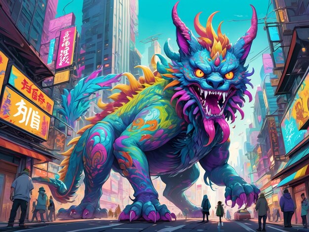 una pintura de un monstruo en el medio de una ciudad hiperbestia diseño alebrijes estética