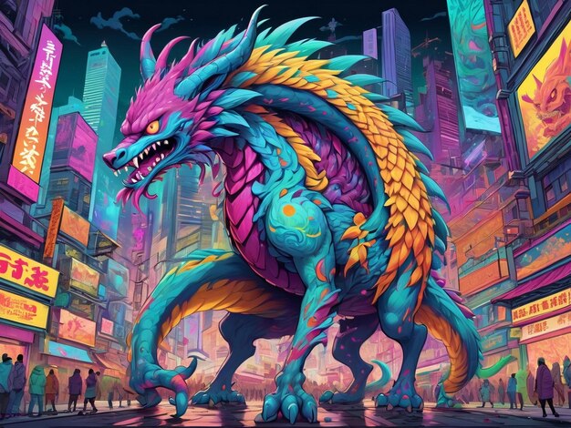 una pintura de un monstruo en el medio de una ciudad hiperbestia diseño alebrijes estética