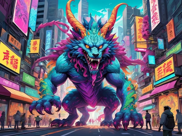 Foto una pintura de un monstruo en el medio de una ciudad hiperbestia diseño alebrijes estética