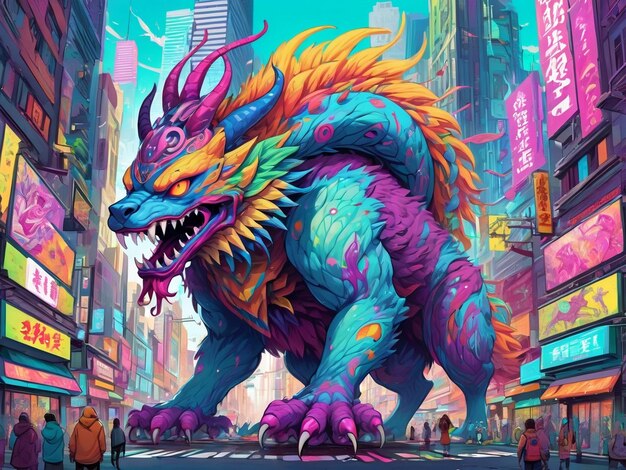 una pintura de un monstruo en el medio de una ciudad hiperbestia diseño alebrijes estética