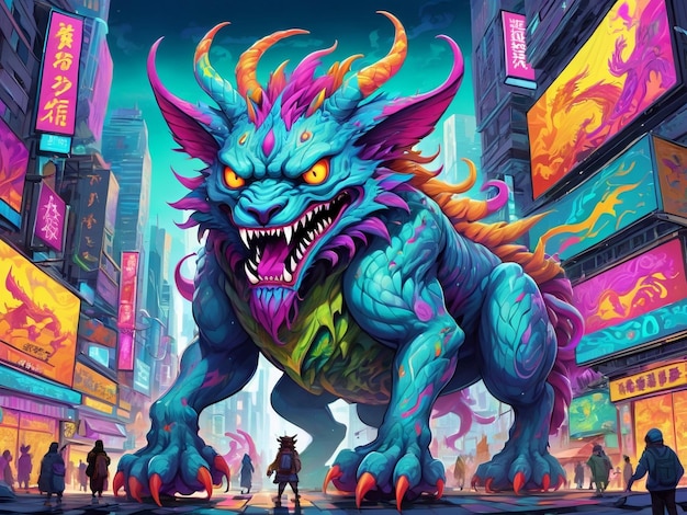 una pintura de un monstruo en el medio de una ciudad hiperbestia diseño alebrijes estética