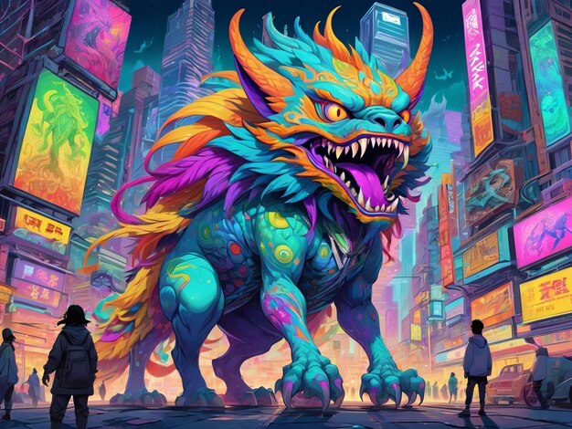 Foto una pintura de un monstruo en el medio de una ciudad hiperbestia diseño alebrijes estética