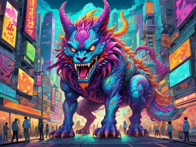 Foto una pintura de un monstruo en el medio de una ciudad hiperbestia diseño alebrijes estética