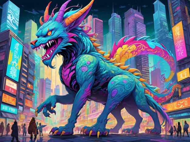 una pintura de un monstruo en el medio de una ciudad hiperbestia diseño alebrijes estética