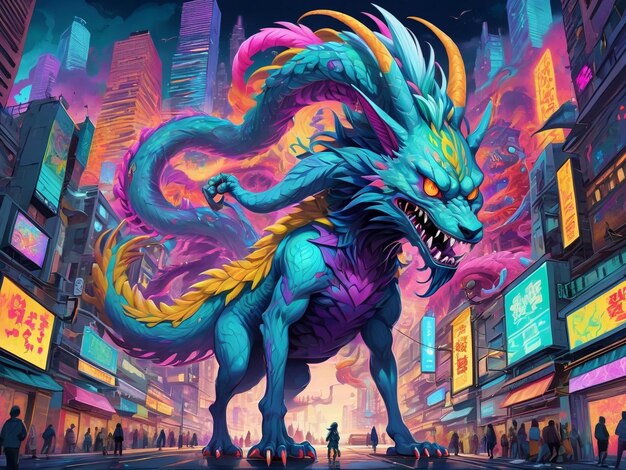 Foto una pintura de un monstruo en el medio de una ciudad hiperbestia diseño alebrijes estética