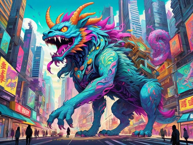 Foto una pintura de un monstruo en el medio de una ciudad hiperbestia diseño alebrijes estética