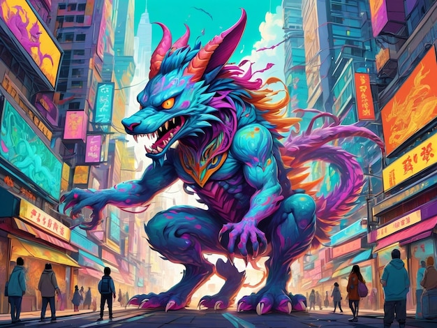 una pintura de un monstruo en el medio de una ciudad hiperbestia diseño alebrijes estética