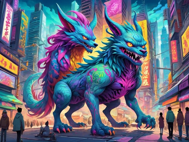 una pintura de un monstruo en el medio de una ciudad hiperbestia diseño alebrijes estética