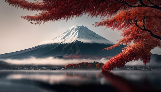 Una pintura de una montaña con un árbol rojo en primer plano.