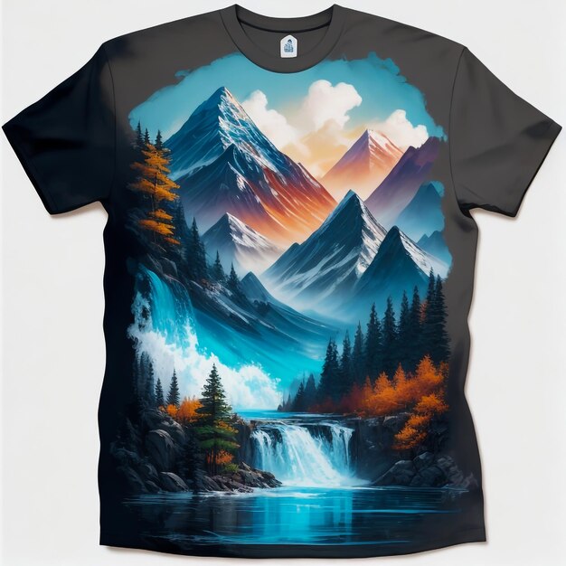 pintura de una montaña con árboles y agua impresa en una camiseta