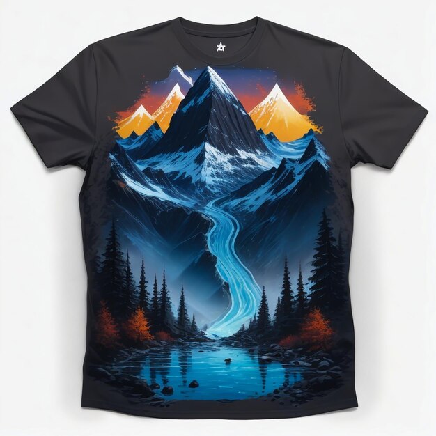 pintura de una montaña con árboles y agua impresa en una camiseta